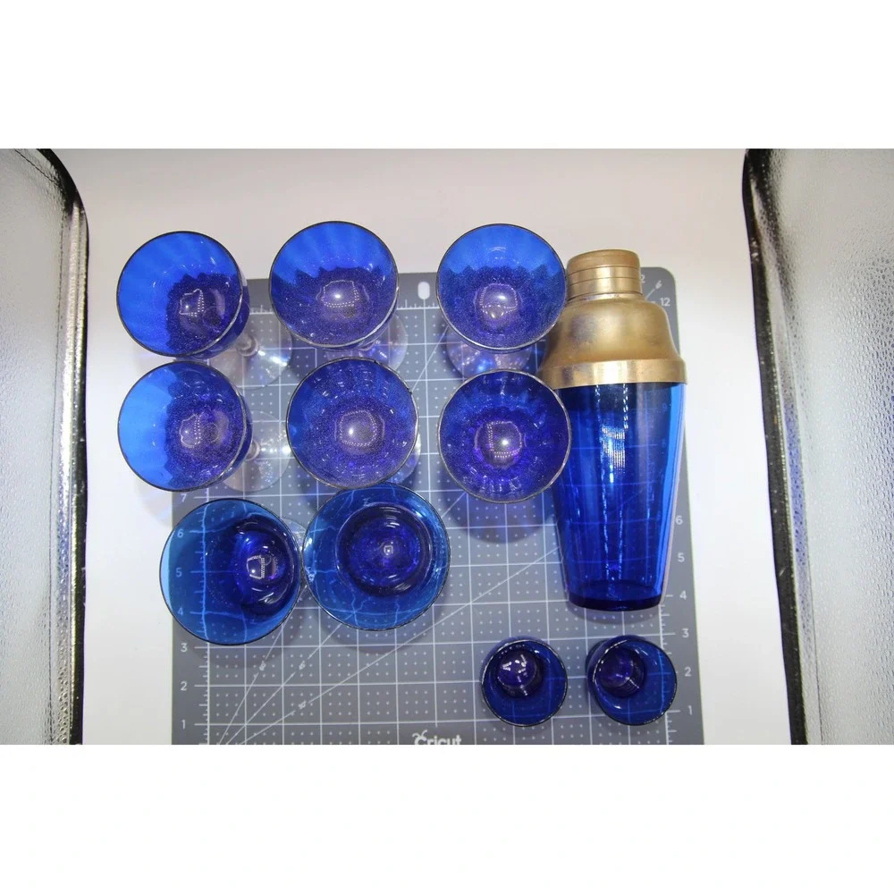 Vintage Cobalt Blue Glass Cocktail Shaker Set with 10 Glasses Gold tone Lid